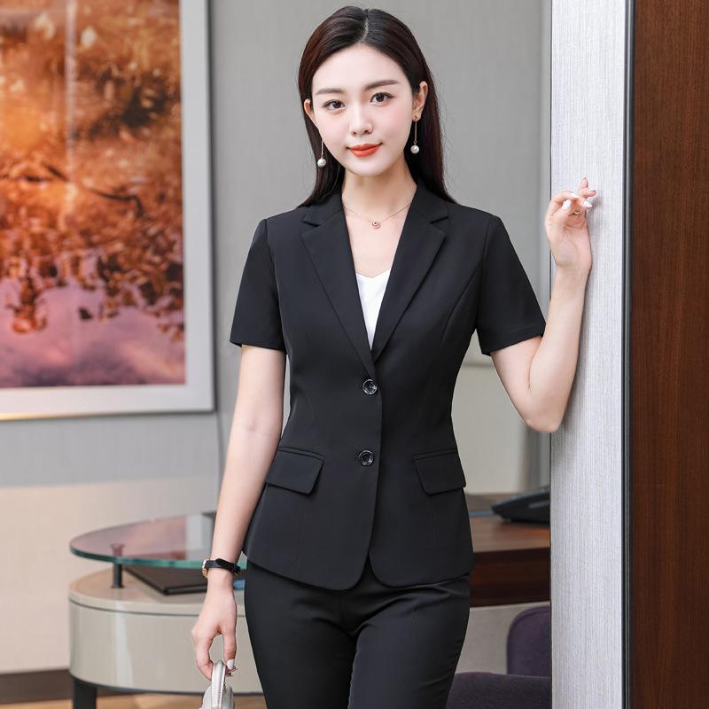 スーツ レディース 半袖ジャケット ＆ パンツ または スカート セットアップ ポリエステル素材 オフィス ビジネス フォーマル 薄手 ブラック ブルー レッド 黒 青 赤 S M L XL 2XL 3XL 4XL 5XL