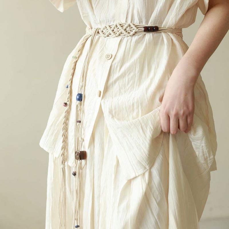 ベルト レディース 手編み 綿 麻 ロープベルト タッセル ビーズ エスニック アジアン ファッション ウエストチェーン 文芸風 レトロ ブラック ホワイト ブラウン ベージュ 160cm