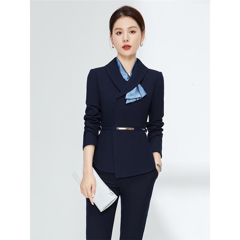 スーツ レディース 長袖 事務服 フォーマル 高級感 ポリエステル 職業 セットアップ パンツ スカート 3点セット 濃紺
