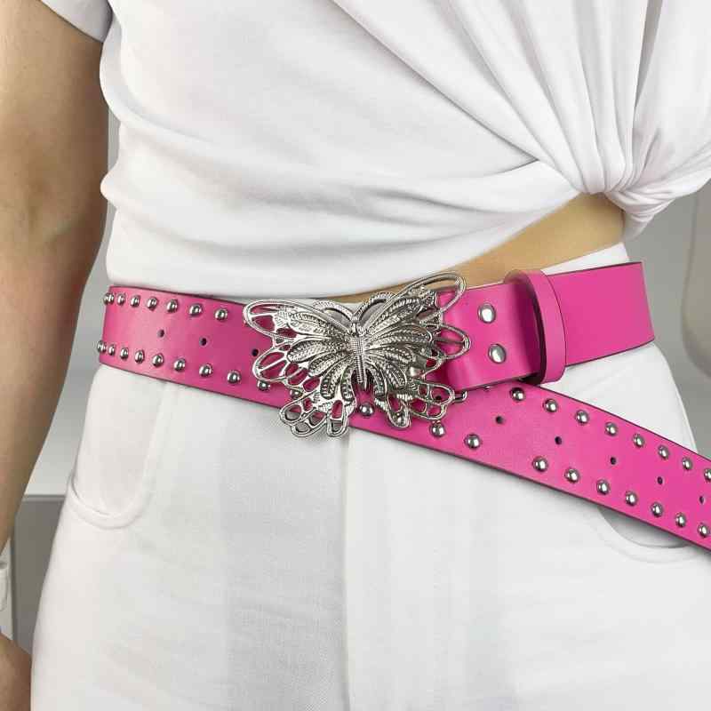 ジーンズ レディース パンク 腰ベルト付き スタッズ バタフライモチーフ デニムパンツ ジーパン 普段使..