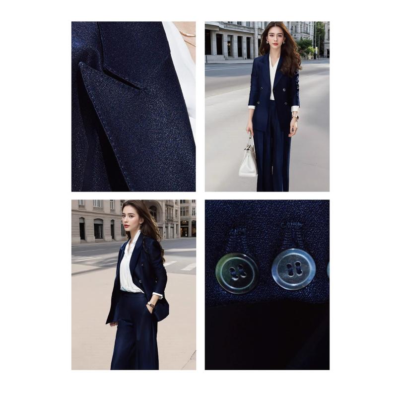 スーツ レディース 高級感 パンツスーツ セットアップ 春秋 テーラードジャケット ワイドレッグパンツ オフィス フォーマル リサイクル繊維 紺色 ネイビー ホワイト 白