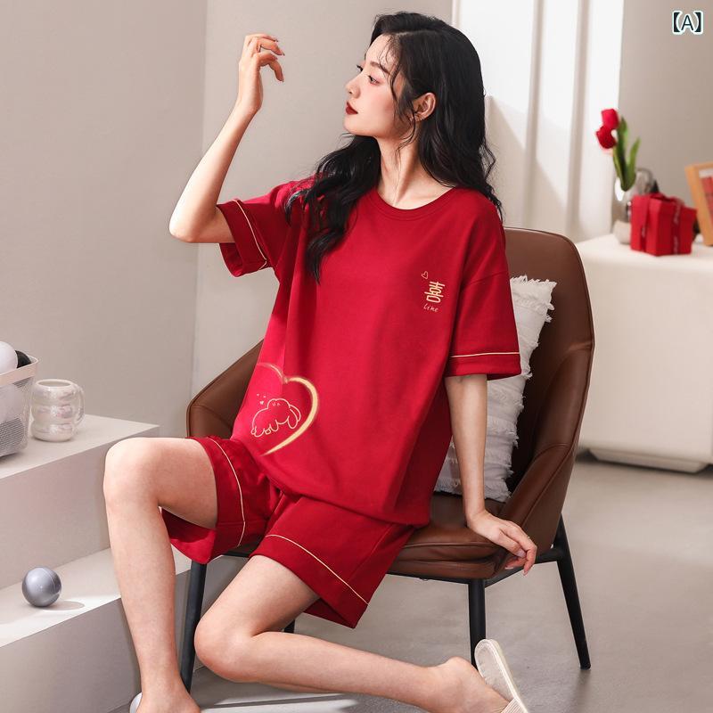パジャマ レディース メンズ ペア 半袖 短パン 綿100% 赤色 ルームウェア 上下セット カップ付き 春夏 部屋着 寝間着 かわいい 快適 通気性 普段使い リラックス