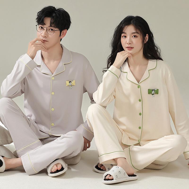 パジャマ レディース メンズ 春秋 長袖 長ズボン 綿 カップル 上下セット ルームウェア 部屋着 寝間着 ペア 薄手 襟付き 前開き シンプル リラックス リラックスウェア