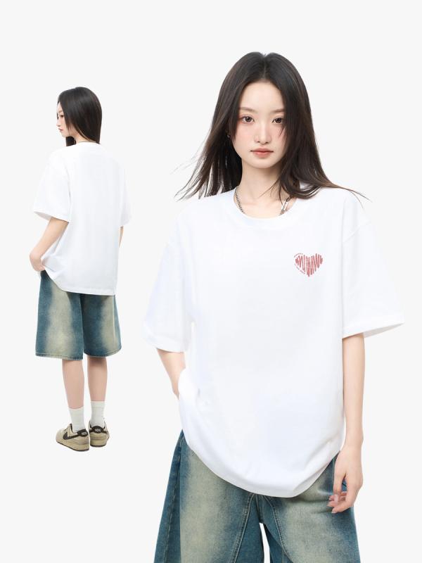 Tシャツ レディース 半袖 ゆったりサイズ 綿 プリント ピンク系 ハート柄 カジュアル トップス カット..
