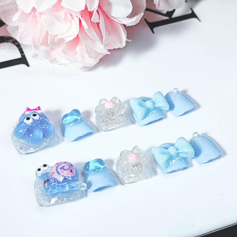 つけ爪 キッズ 子供用 かわいい カタツムリ 立体 蝶結び ブルー 美爪 ショートネイル