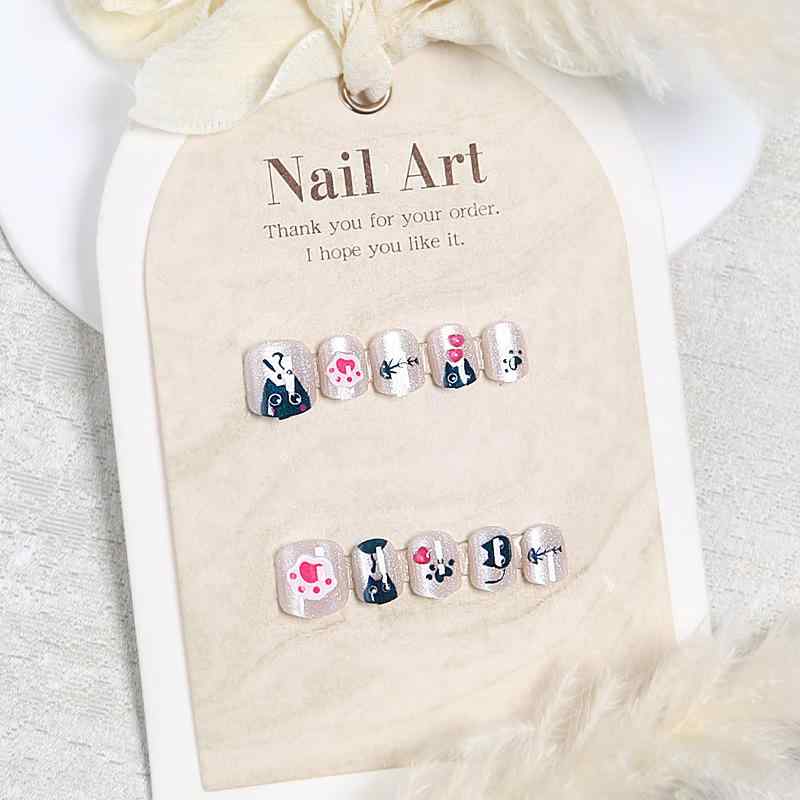 ネイルチップ キッズ かわいい 黒猫 猫目 ショート 3D アート つけ爪 付け外し簡単 普段使い