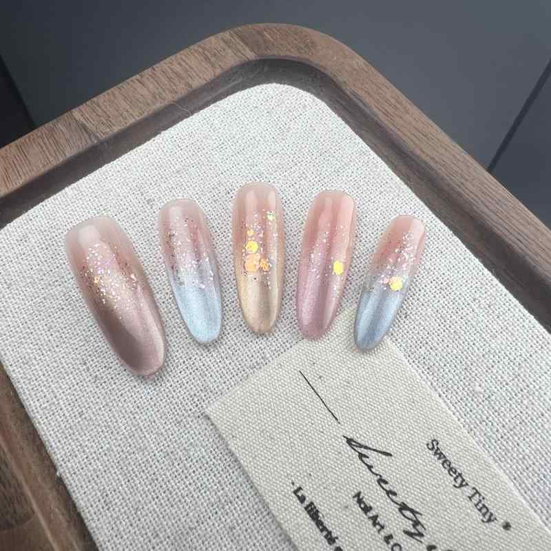 つけ爪 レディース サマー 猫眼ネイル フレンチ レインボー 虹色 グラデーション 貼るネイルチップ ハンドメイド XS S Mサイズ(4)