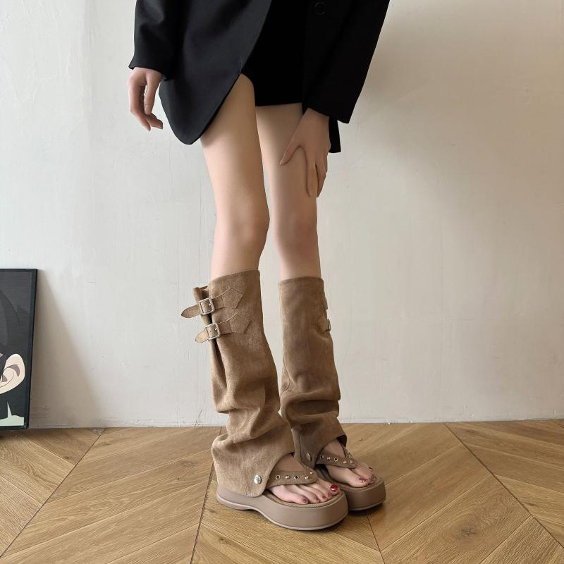 サンダル レディース 厚底 トングサンダル ニーハイブーツ風 春夏 高筒 増高 防水 ラウンドトゥ スエー..