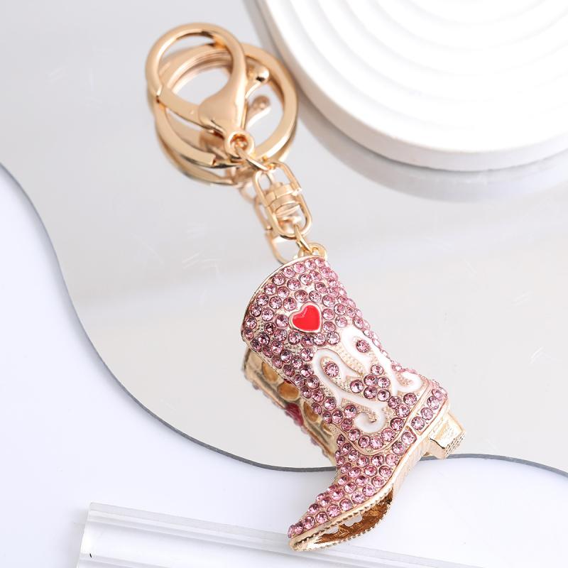 キーホルダー レディース バッグチャーム ラインストーン ピンク カウボーイブーツ メタル リング 結婚..