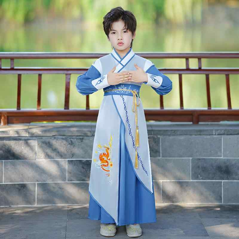 子供用チャイナドレス 男の子 唐装 コスチューム 春秋 中国風 侠客 書生 国学 演出服 ポリエステル 無..