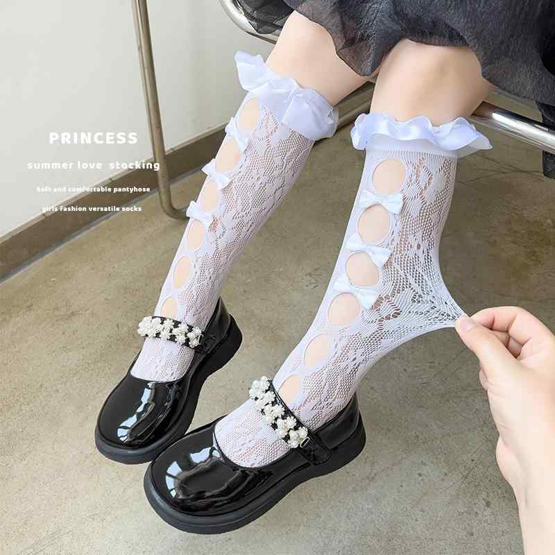 靴下 キッズ 女の子 レース 薄手 蝶結び メッシュ ソックス 子供 ベビー 夏用 無地 白 黒(x3)