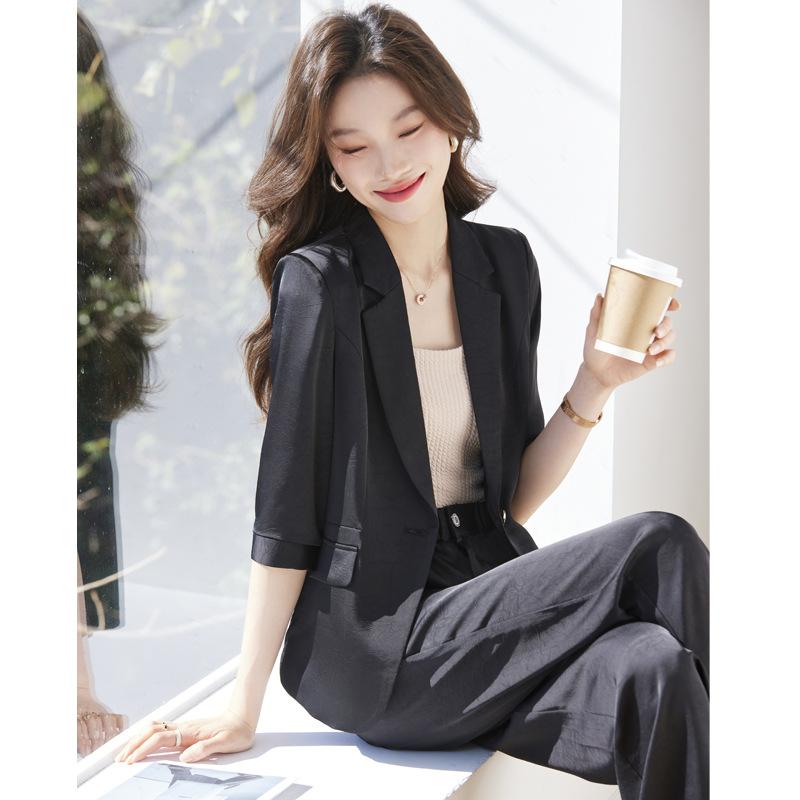 スーツ レディース ブラック 酢酸サテン風 薄手 高級感 テーラードジャケット 7分袖 ポリエステル オフィススタイル 通勤