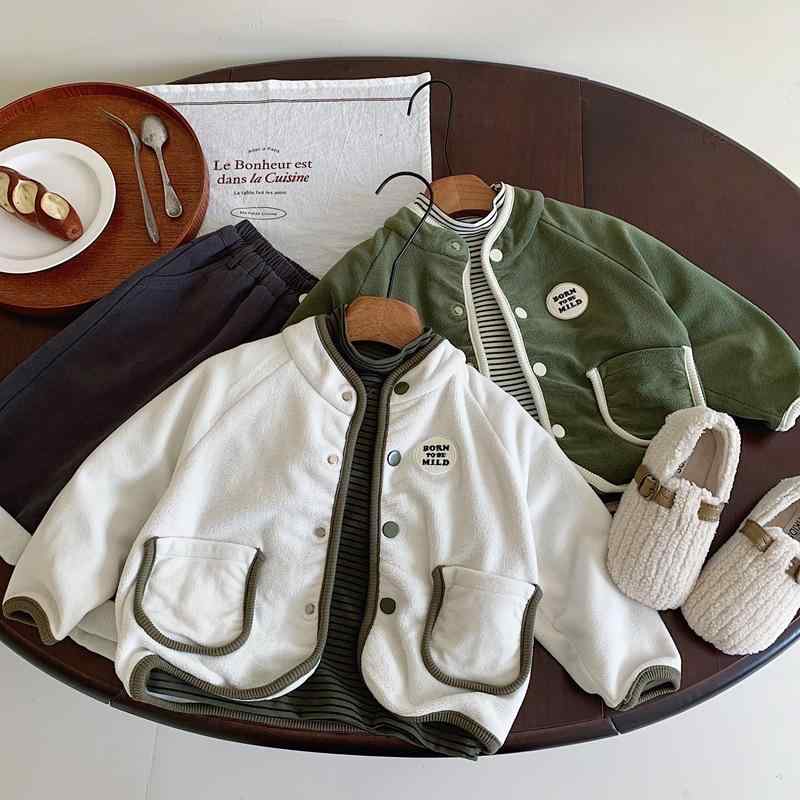 子供服 アウター 男の子 秋冬 厚手 フリース ジャケット キッズ 上着 80cm 90cm 100cm 110cm 120cm 130cm 無地 ベージュ 緑