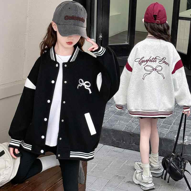 子供服 ジャケット 女の子 春秋 ブルゾン カジュアル トップス 春物 長袖 アウター 丸首 無地 ショート丈 綿混紡 ブラック グレー 120cm 130cm...