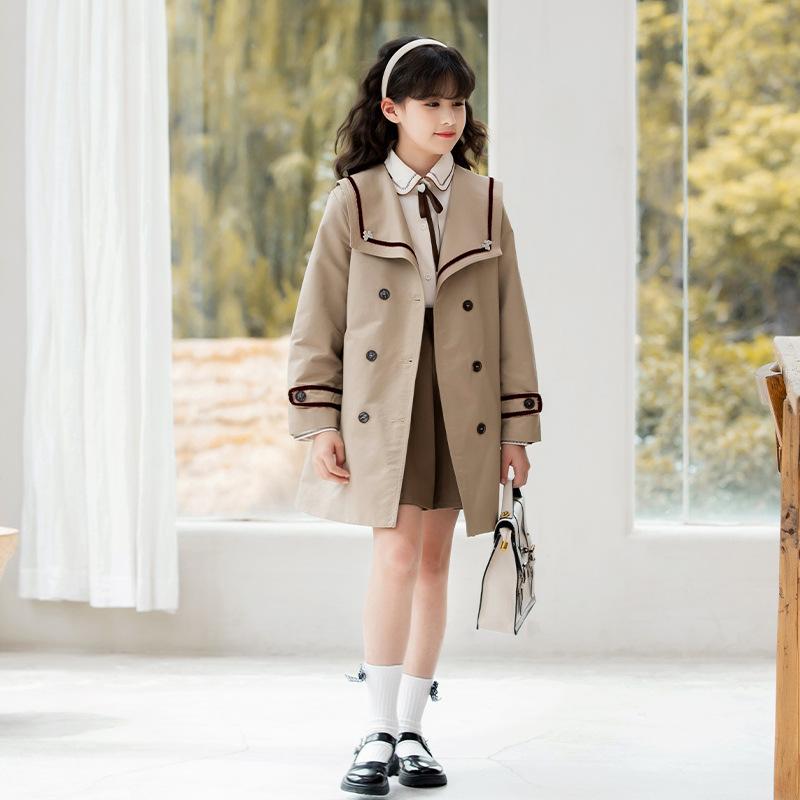 子供服 ガールズ トレンチコート 春秋 ロング丈 アウター カーディガン 学院風 ベージュ系 ダブルブレスト ウエストベルト 綿
