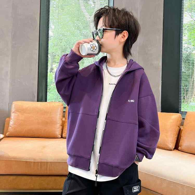 子供用アウター ジャケット 秋冬 裏起毛 男の子 キッズ パーカー フロントジップ 130 140 150 160 黒 紫 綿 ポリエステル