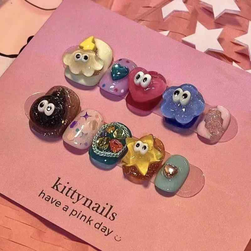 ネイルチップ キッズ 子供用 ドーパミンカラー 付け爪 キャンディカラー 小さい目 星 カービィ カートン かわいい 短め ショート 短方圆 XS S M L 5点セット(4)