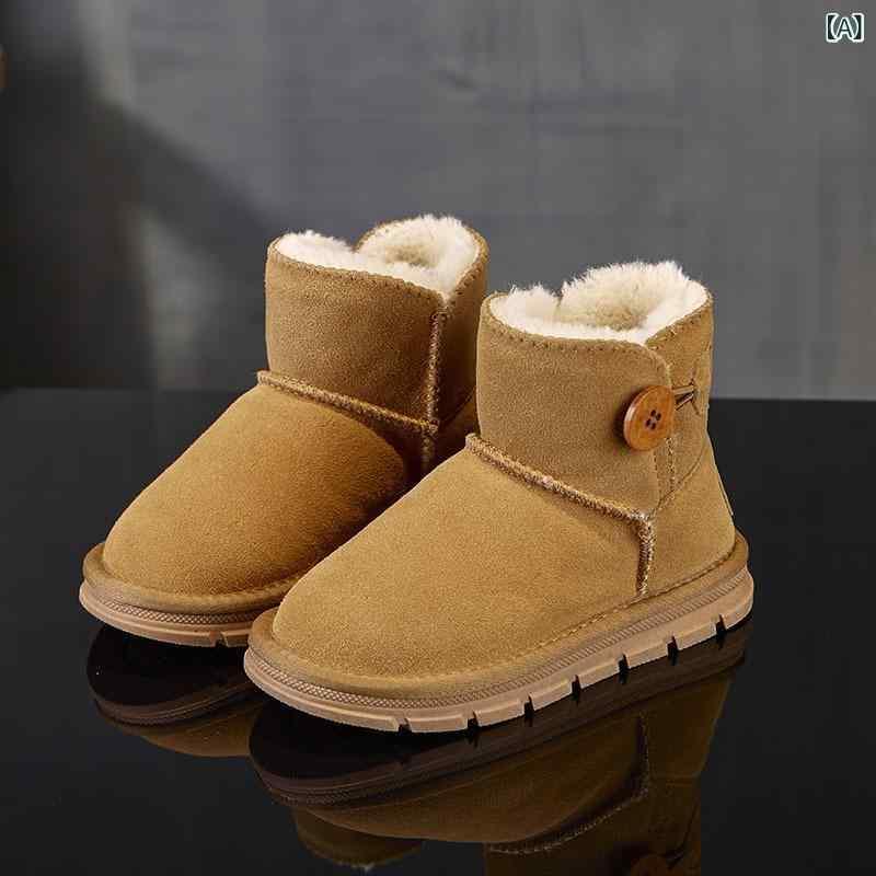 スノーブーツ キッズ 子供用 防寒ブーツ 裏起毛 厚底 ショートブーツ 女の子 男の子 栗色 グレー 巧色 ブラック 本革