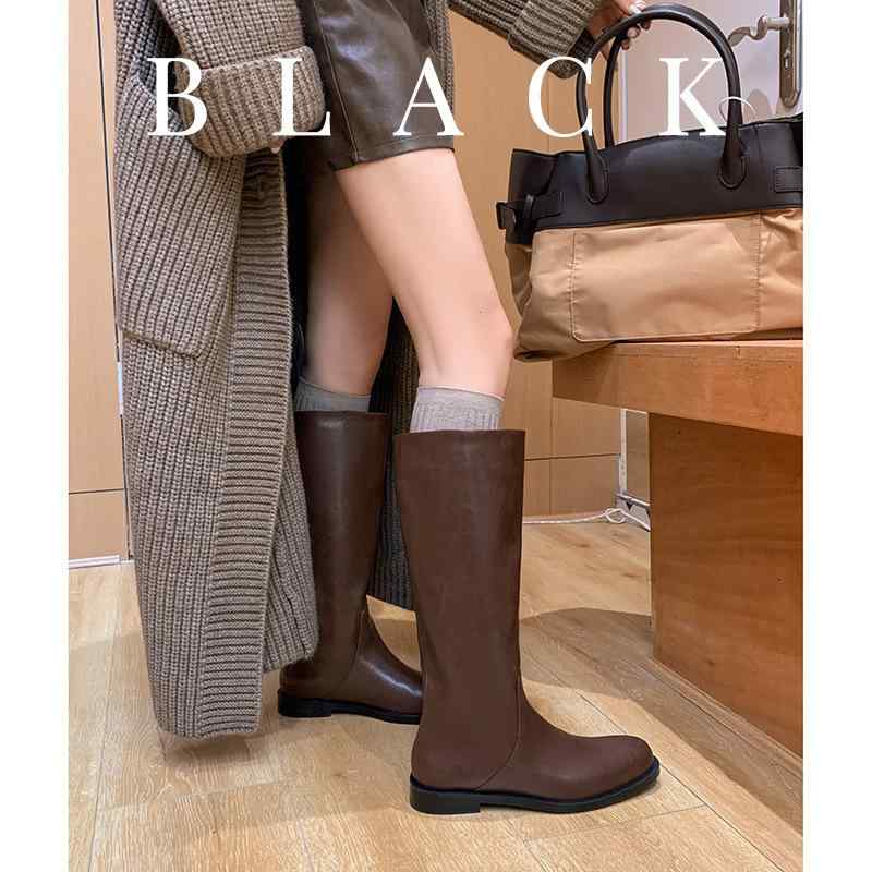 ブーツ レディース 騎士ブーツ ロングブーツ 牛革 ローヒール 筒あり ラウンドトゥ スリップオン 秋冬 ..