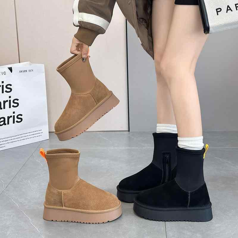 雪地ブーツ レディース 本革 厚底 伸縮性 防滑 保暖 ミドル丈 スノーブーツ カジュアル 冬 普段使い コーヒー色 黒