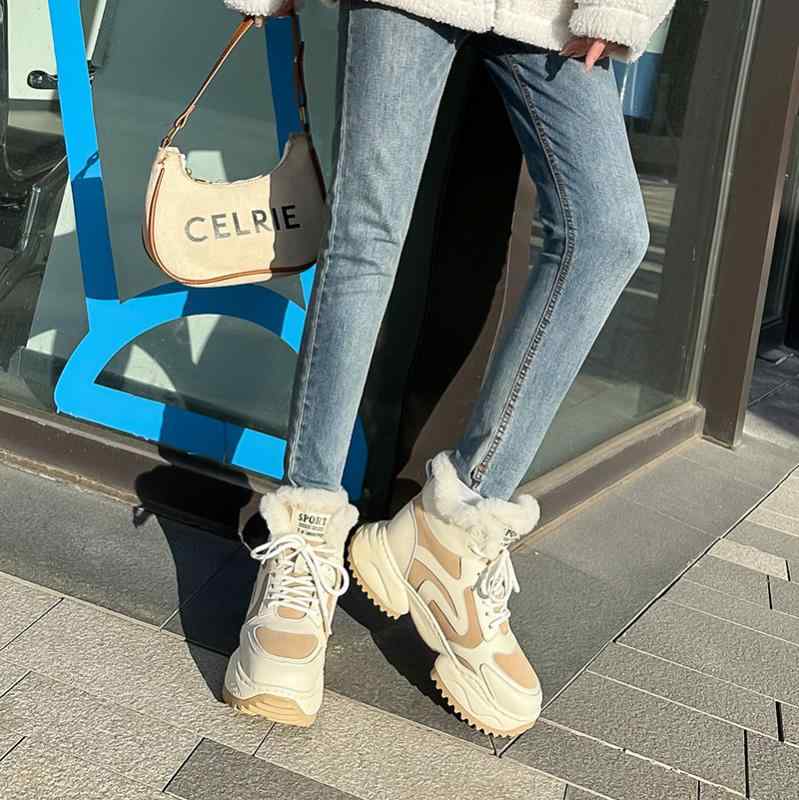 スノーブーツ レディース 厚底 ハイカット 暖かい 防寒 保温 裏ボア レザー カジュアル 冬 杏色