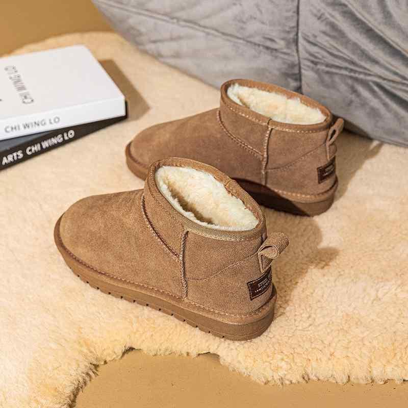 雪地ブーツ レディース 防水 防滑 保温 耐摩耗 本革 牛革 ショートブーツ ローヒール フラット ぺたんこ 秋冬 栗色 カーキ色 黒 ブラック