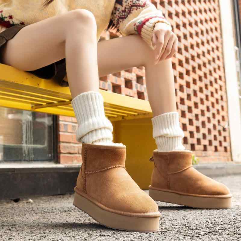 スノーブーツ レディース 牛革 秋冬 厚底 暖かい 防寒 ミドル丈 女性用 ラウンドトゥ 無地 カジュアル 普段使い 栗色 羚羊棕 芥菜籽