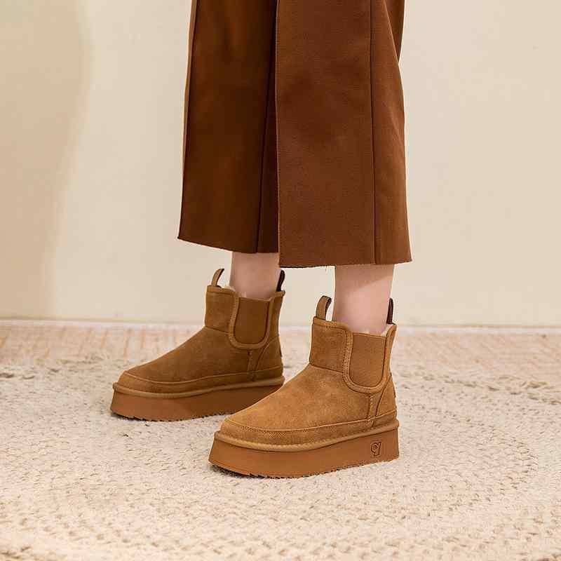 雪地ブーツ レディース 厚底 本革 ウール 暖かい 防寒 滑り止め チェルシー ショートブーツ カジュアル 秋冬 栗色 黒 カーキ