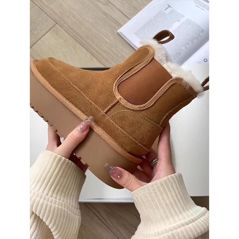 ブーツ レディース 厚底 スノーブーツ 秋冬 防寒 裏起毛 あったか ヌバック調 ワークブーツ ラウンドトゥ ゴム底 カジュアル 普段使い 栗色