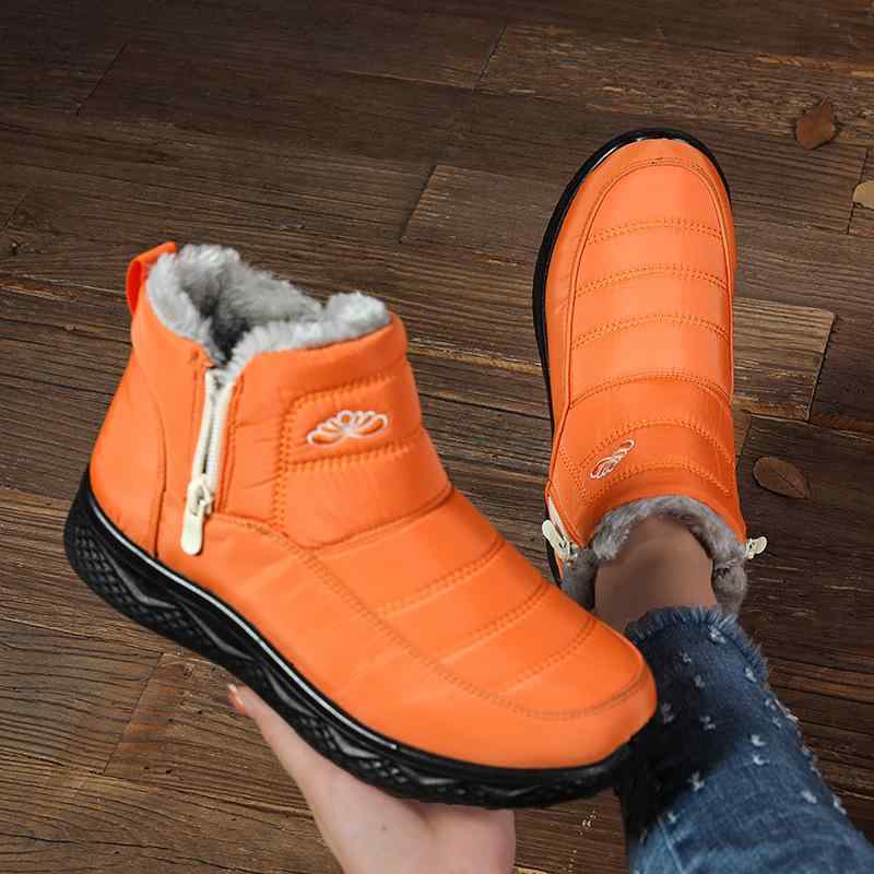 靴 レディース スノーブーツ 大判サイズ 裏起毛 あったか 防寒 ラウンドトゥ ローヒール 花柄 カジュアル 黒 ブラック グレー 緑 グリーン 青 ブルー 黄 イエロー オレンジ 茶色 ブラウン 紫 パープル