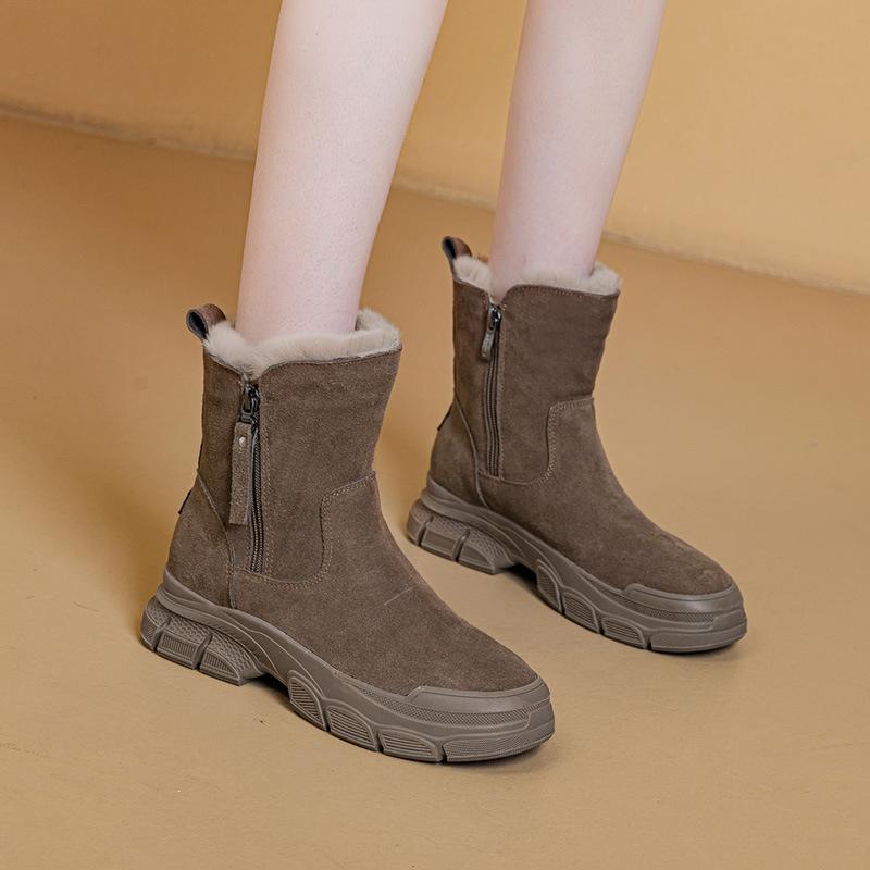 雪地靴 レディース 牛革 秋冬 防寒 暖か マウンテンブーツ スノーブーツ 厚底 ラバーソール 大きいサイズ カーキ ブラック