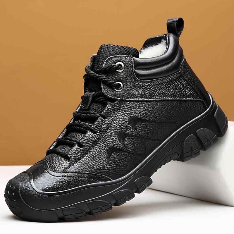 靴 メンズ レザーショートブーツ 牛革 ウール あったか 裏起毛 暖かい 防寒 冬 ブラック