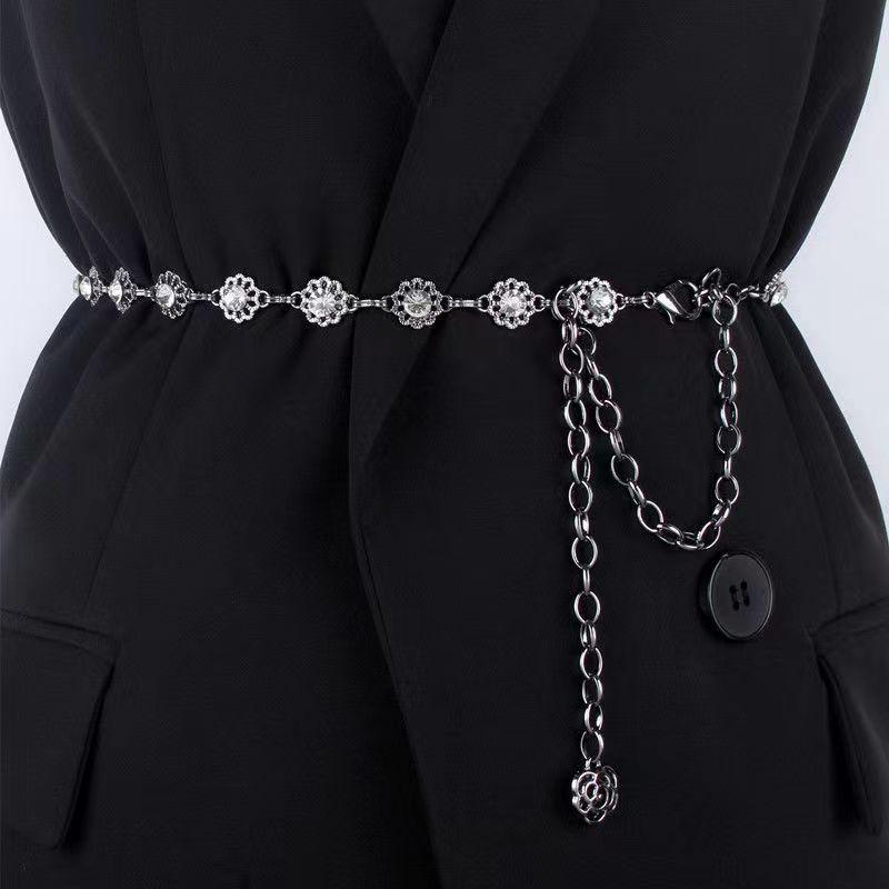 ベルト レディース スカート用 細め ウエストチェーン おしゃれ キラキラ ラインストーン 装飾 腰紐 シ..