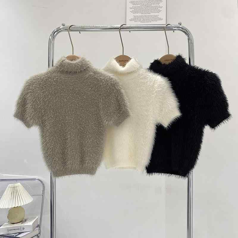 ニット レディース 厚手 タートルネック ショート丈 プルオーバー ふわふわ モヘア風 あったか かわいい グレー系 ブラック系