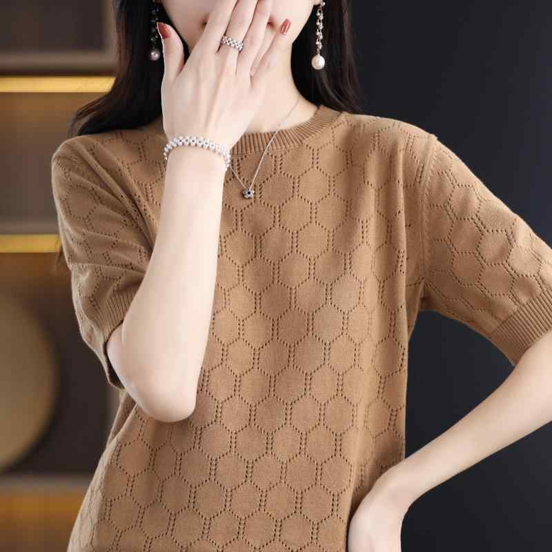 Tシャツ レディース ニット 綿 半袖 夏 新作 丸首 穴あき インナー ゆったり トップス 薄手 ミドル丈 S M L XL 2XL ミルクホワイト コーヒー イエローキャメル ブラック デニムブルー ネイビー 通勤(4)