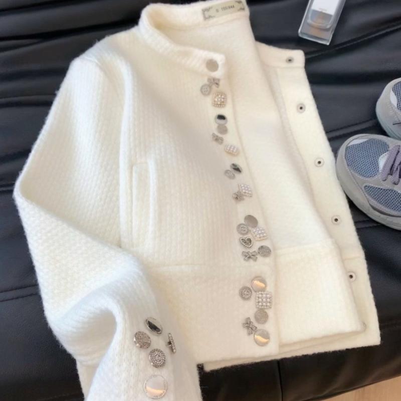 ニットカーディガン レディース 秋冬 ショート丈 小柄 柔らかい ふわふわ ラウンドネック 長袖 トップス アウター 羽織り ホワイト系 きれいめ エレガント(4.0)