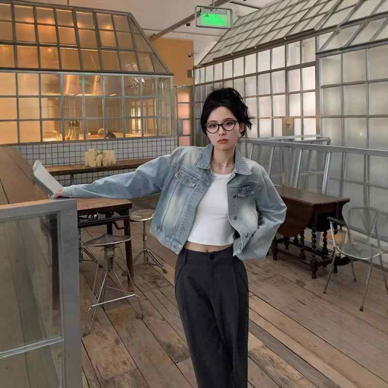 デニムジャケット レディース 韓国風 ゆったり ウォッシュ加工 デニム アウター トップス ブラウス Gジャン ジージャン 春秋 長袖 ブルー