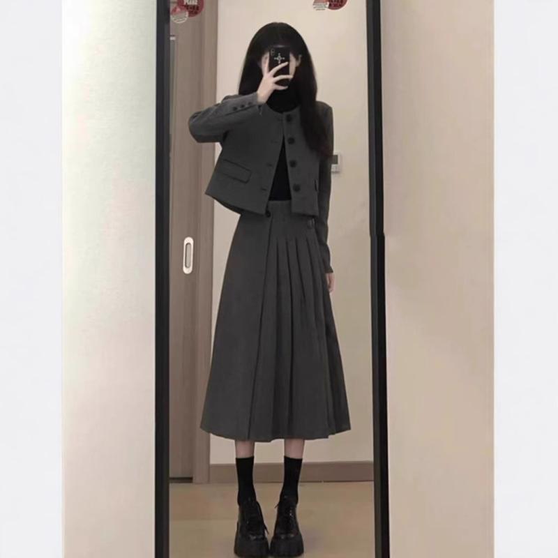 セットアップ レディース 秋冬 ツイードジャケット 膝丈スカート 上下2点セット ポリエステル グレー エレガント 通勤