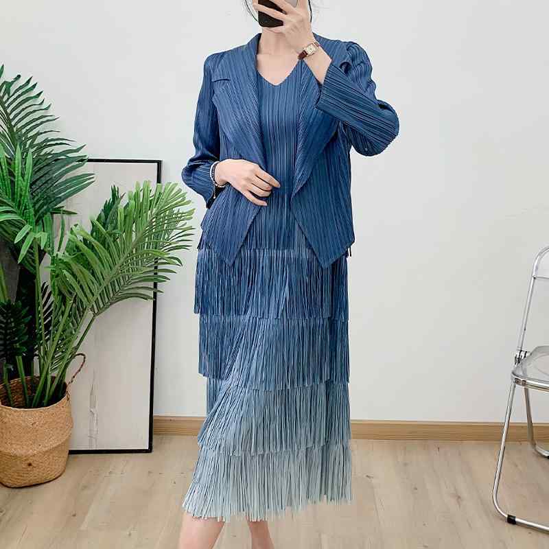 セットアップ レディース 春夏 ベスト ワンピース スーツ ジャケット 2点 圧着 transitionカラー グラデーション フリンジ 7分袖 灰色 紫色 ブルー カーキ ポリエステル 通勤