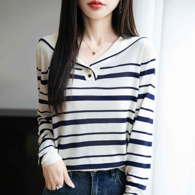 ニット レディース 春秋 海軍襟 ブルー ストライプ 再生繊維 薄手 長袖 トップス 配色 Vネック プルオーバー ゆったり 日韓スタイル カジュアル
