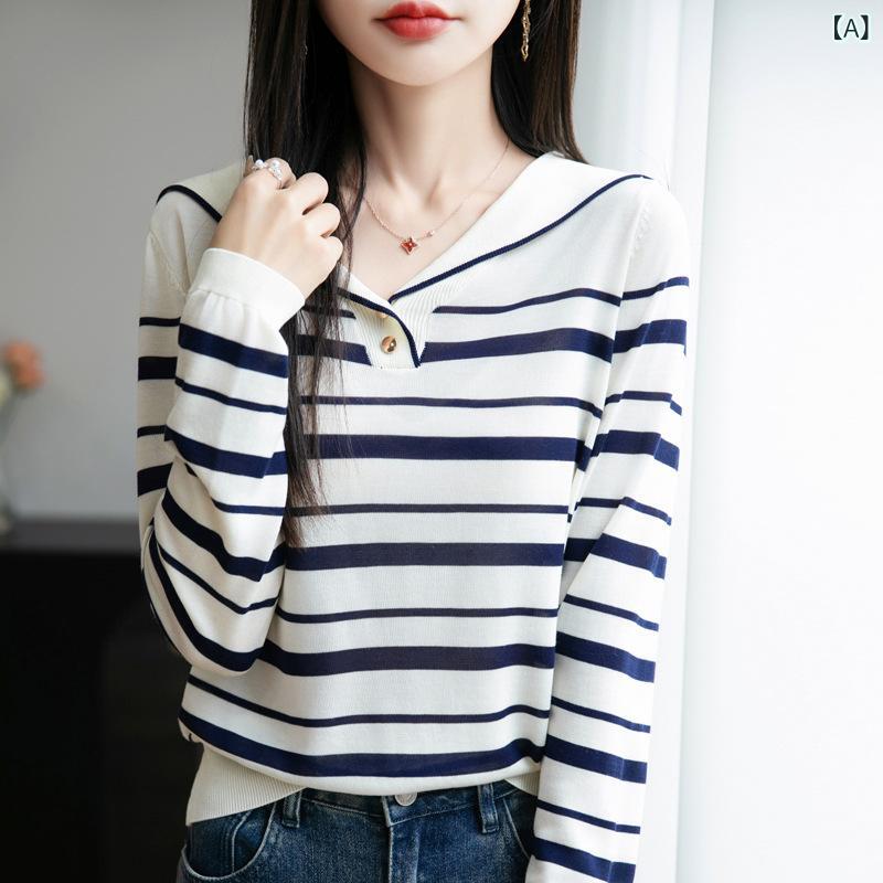 ニット レディース 春秋 海軍襟 ブルー ストライプ 再生繊維 薄手 長袖 トップス 配色 Vネック プルオーバー ゆったり 日韓スタイル カジュアル