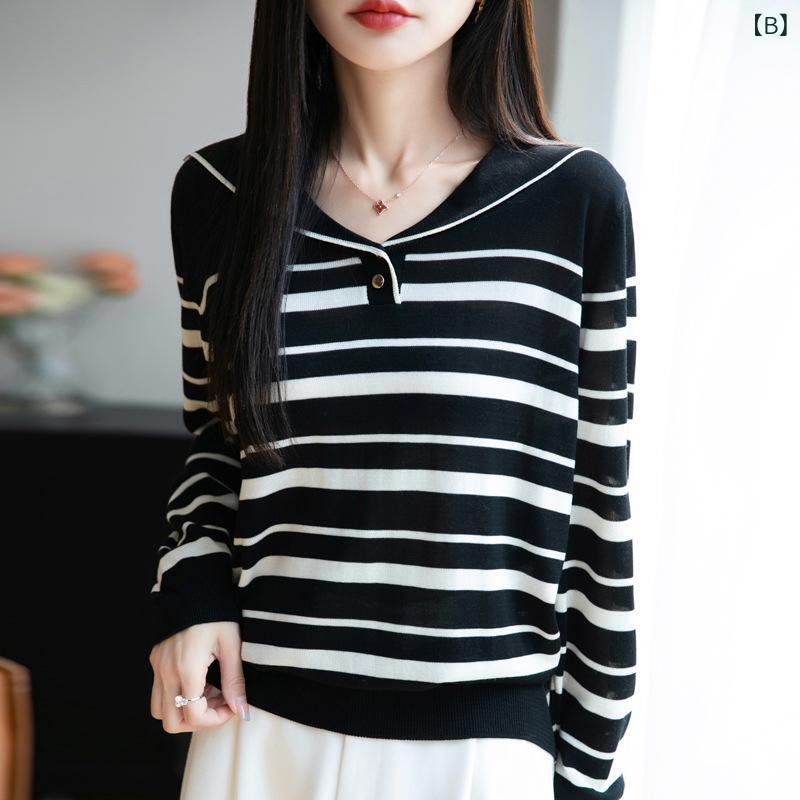 ニット レディース 春秋 海軍襟 ブルー ストライプ 再生繊維 薄手 長袖 トップス 配色 Vネック プルオーバー ゆったり 日韓スタイル カジュアル