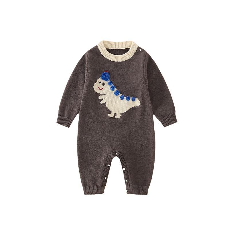 ベビー服 ニット ロンパース 秋冬 男の子 長袖 カバーオール コットン混紡 かわいい 恐竜 アニマル柄 ..