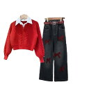 子供服 ニットトップス & デニムパンツ セットアップ 女の子 秋冬 長袖 プルオーバー セーター 襟付き ジーパン 2点セット かわいい ガールズ 女児 普段...