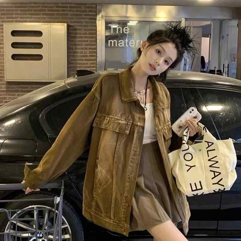 デニムジャケット レディース 春秋 Gジャン Vネック ゆったりサイズ カーキ色 通勤着 普段使い アウター