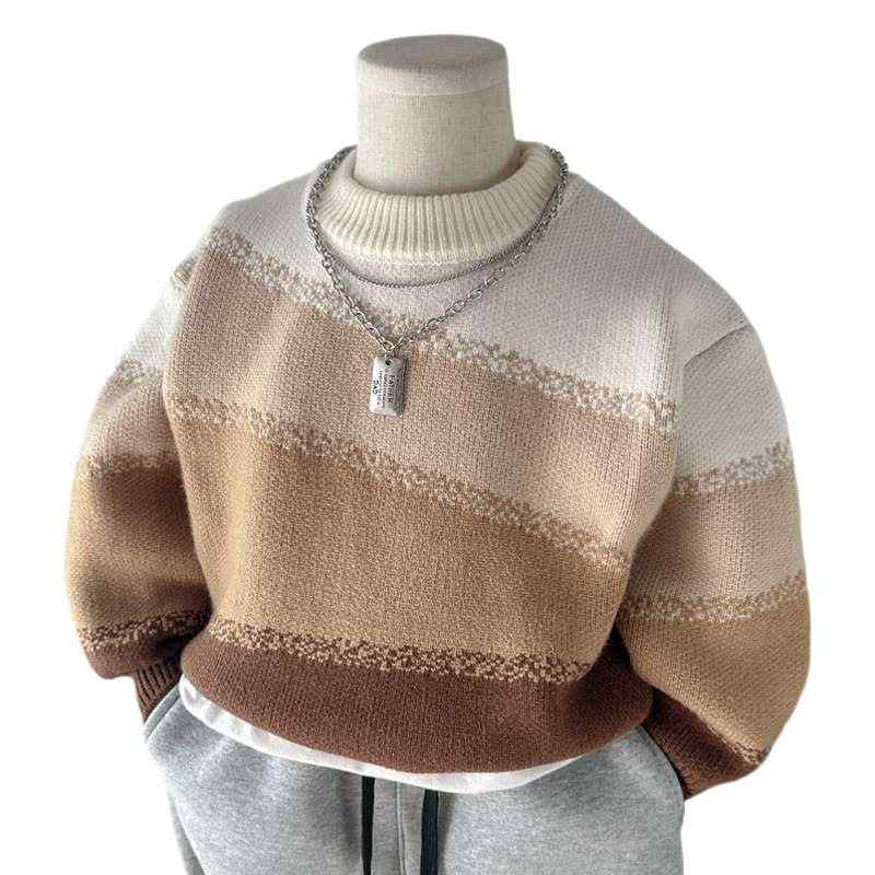 子供用ニット 秋冬 厚手 男の子 長袖トップス 丸首 プルオーバー 普段着 天藍色 チョコレート色