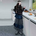 子供服 ニット 不規則 網紗 スカート セットアップ 女の子 長袖 セーター チェック柄 チュールスカート 春秋 中大 子供 普段着 通学 かわいい ガールズ ...