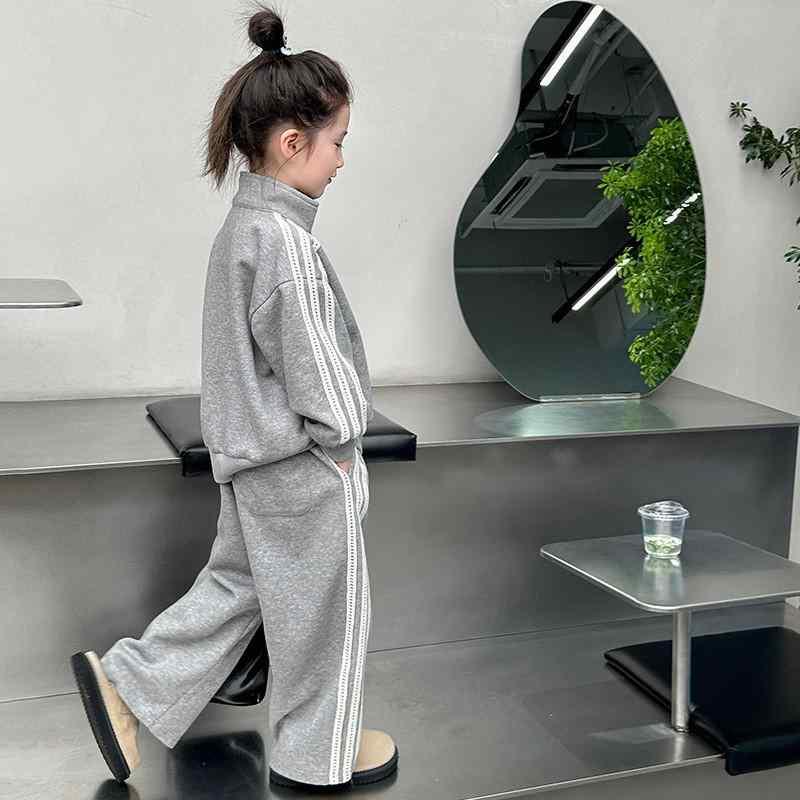 子供用ジャージ 上下セット 女の子 長袖トップス ロングパンツ スポーティー 普段使い 運動着 春秋 織りテープ 切り替え グレー