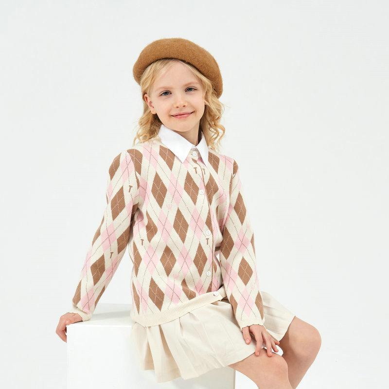 子供服 ニットカーディガン 女の子 春秋冬 綿ニット 菱形格子柄 セーター 長袖 丸首 120cm 130cm 140cm..