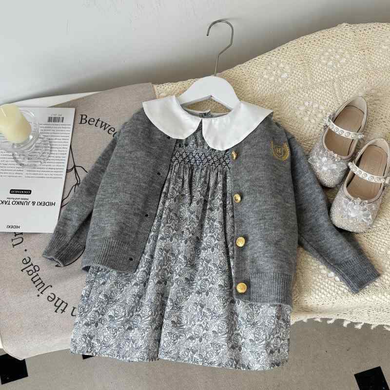 子供服 女の子 秋物 ニットカーディガン 長袖ワンピース 2点セット グレー 無地 かわいい ガールズ キッズ 普段着